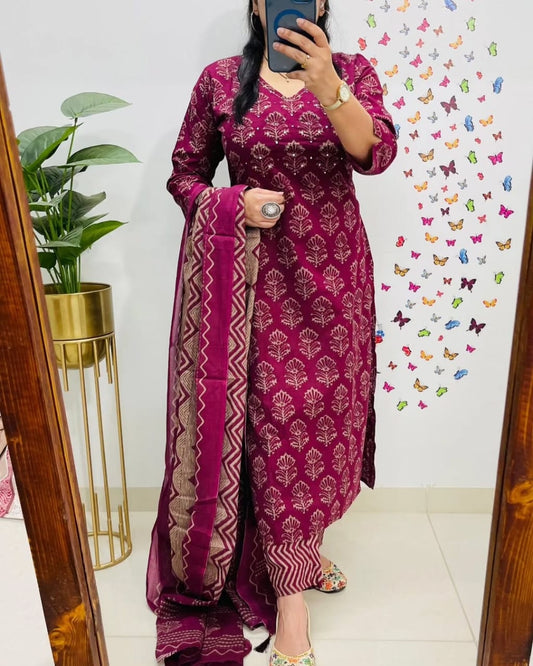 Biba Wine Kalamkari Designer Suit with Fusion Azrak Print Kurti Pant Dupatta Set