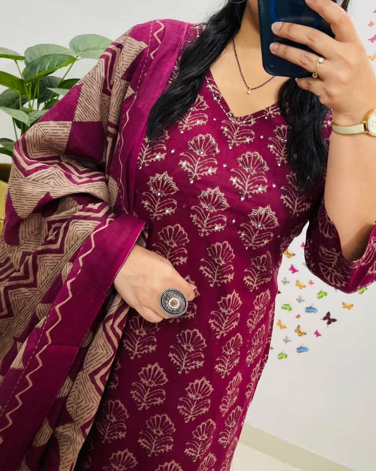 Biba Wine Kalamkari Designer Suit with Fusion Azrak Print Kurti Pant Dupatta Set