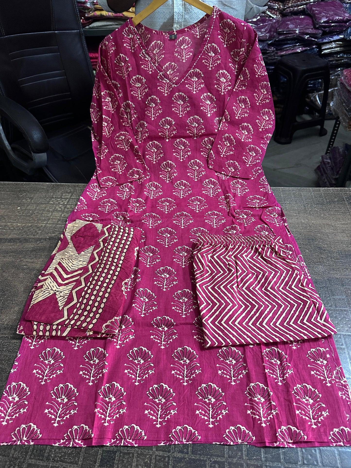 Biba Wine Kalamkari Designer Suit with Fusion Azrak Print Kurti Pant Dupatta Set