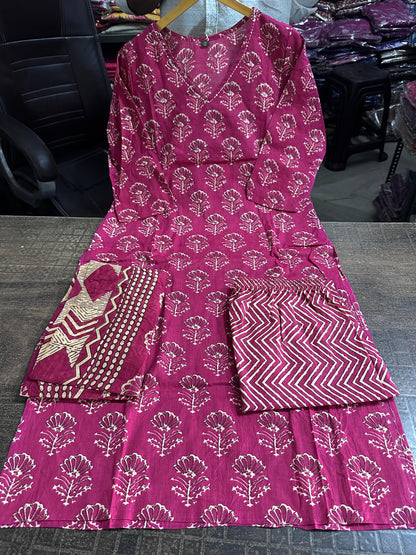 Biba Wine Kalamkari Designer Suit with Fusion Azrak Print Kurti Pant Dupatta Set