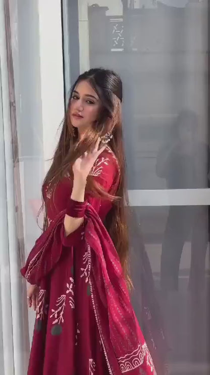 Biba Maroon Handblock Anarkali Set