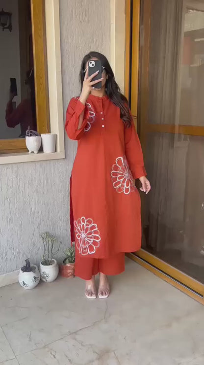 Biba Orange Pure Cotton Kurta Pant Set with Embroidery Work