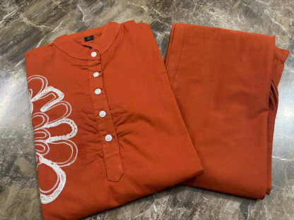 Biba Orange Pure Cotton Kurta Pant Set with Embroidery Work