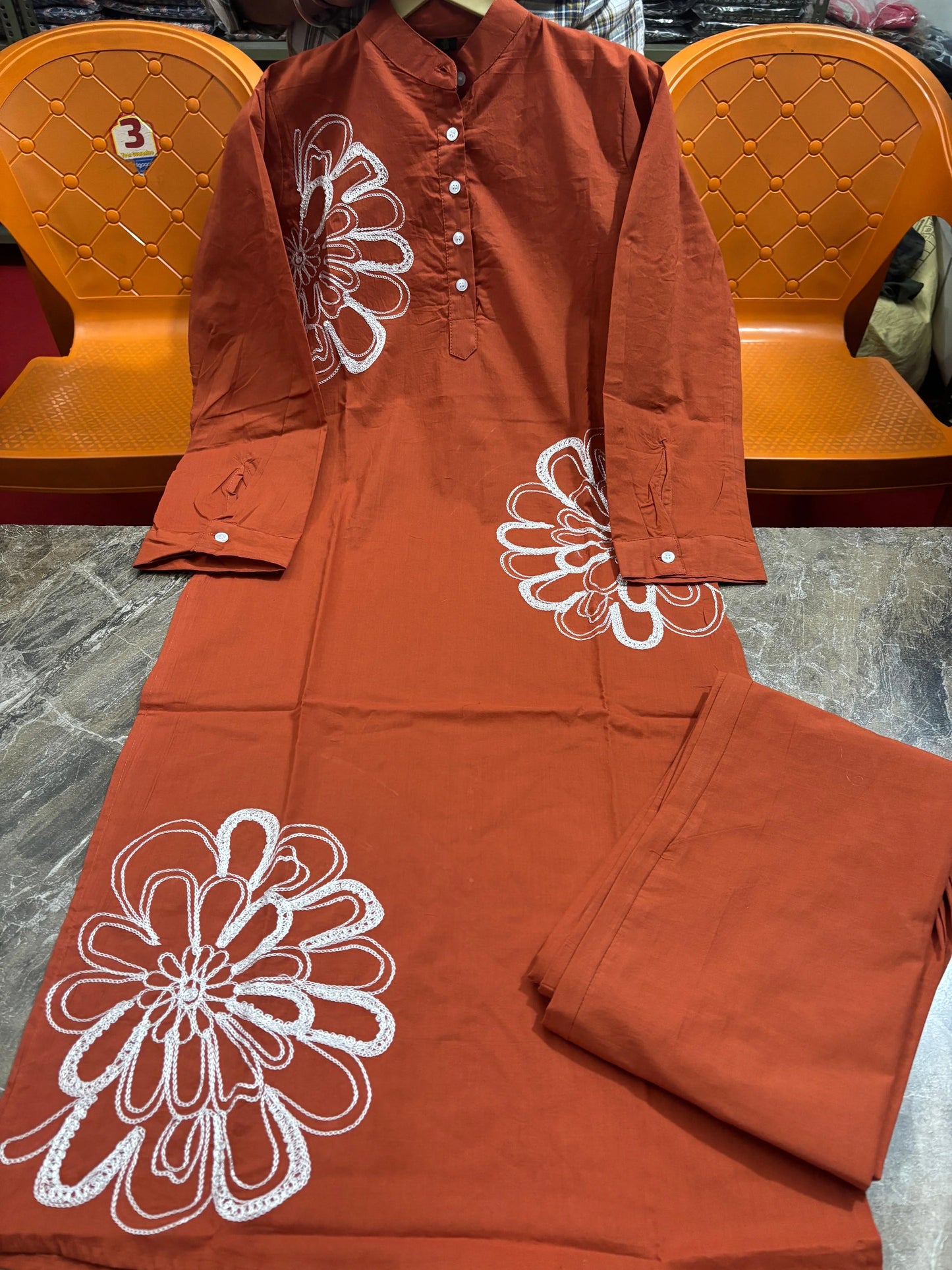 Biba Orange Pure Cotton Kurta Pant Set with Embroidery Work